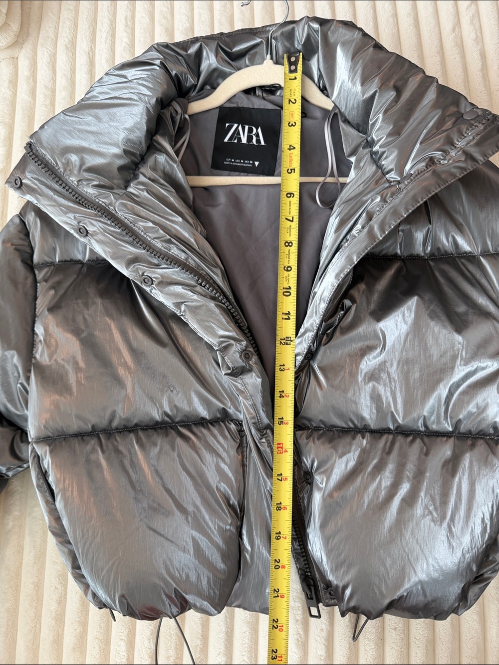 ZARA Metallic Gray Cropped Puffer Jacket with Hood - Picture 7 of 8